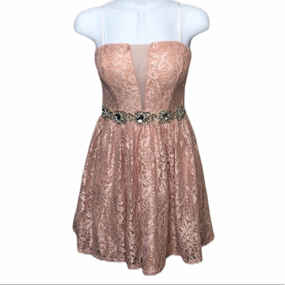 Blush Pink Lace Dress with Rhinestone Waist Dress